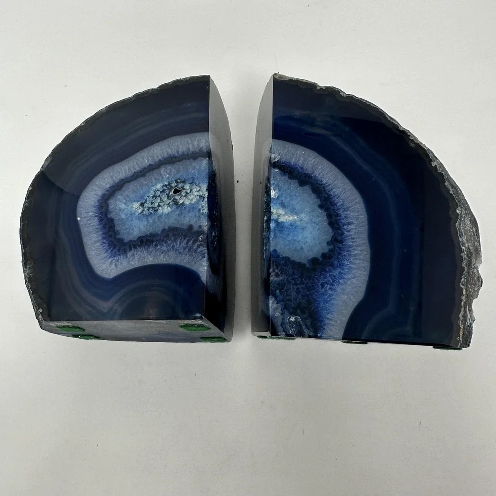 Blue Agate‎ Geode Natural Stone Bookends Pair Polished Crystal Home Decor Desk